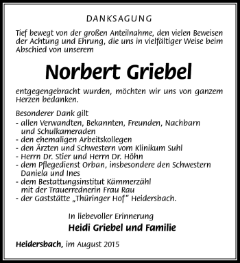 Traueranzeige von Norbert Griebel von Südthüringer Presse