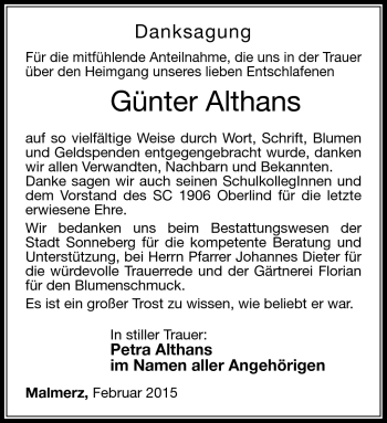 Traueranzeige von Günter Althans von Südthüringer Presse
