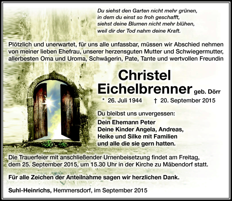  Traueranzeige für Christel Eichelbrenner vom 23.09.2015 aus Südthüringer Presse