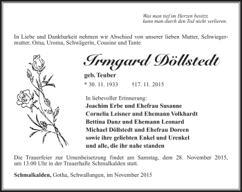 Traueranzeige von Irmgard Döllstedt von Südthüringer Presse