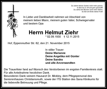 Traueranzeige von Helmut Ziehr von Frankenpost