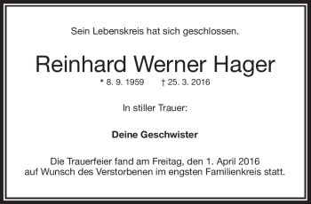 Traueranzeige von Reinhard Hager von Frankenpost