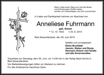 Traueranzeige von Anneliese Fuhrmann von Frankenpost