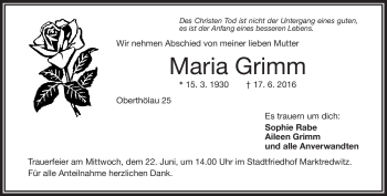Traueranzeige von Maria Grimm von Frankenpost