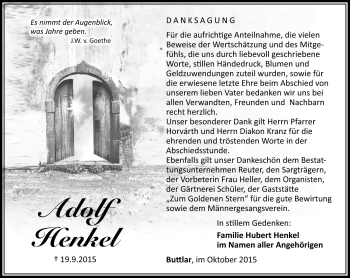 Traueranzeige von Adolf Henkel von Südthüringer Presse