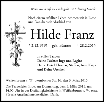 Traueranzeige von Hilde Franz von Neue Presse Coburg