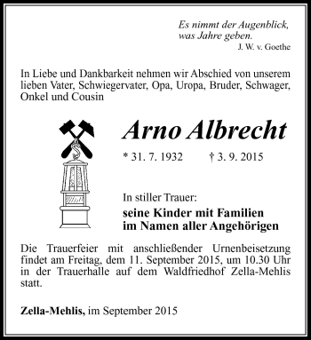 Traueranzeige von Arno Albrecht von Südthüringer Presse