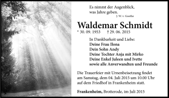 Traueranzeige von Waldemar Schmidt von Südthüringer Presse