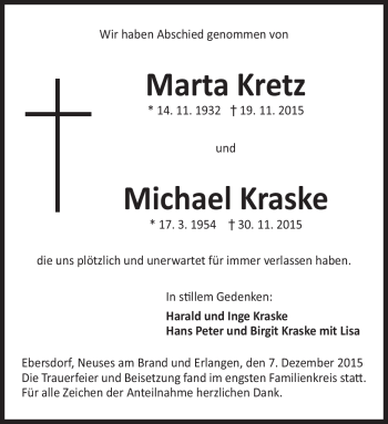 Traueranzeige von MartaMichael KretzKraske von Neue Presse Coburg