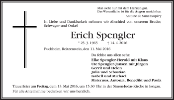 Traueranzeige von Erich Spengler von Frankenpost