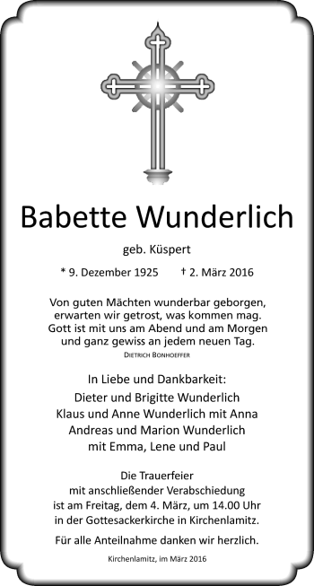 Traueranzeige von Babette Wunderlich von Frankenpost