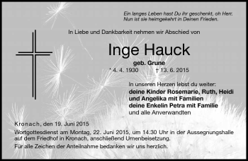 Traueranzeige von Inge Hauck von Neue Presse Coburg