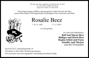 Traueranzeige von Rosalie Beez von Neue Presse Coburg