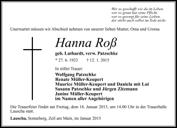 Traueranzeige von Hanna Roß von Südthüringer Presse