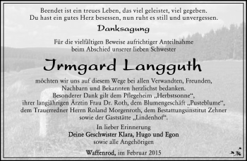Traueranzeige von Irmgard Langguth von Südthüringer Presse