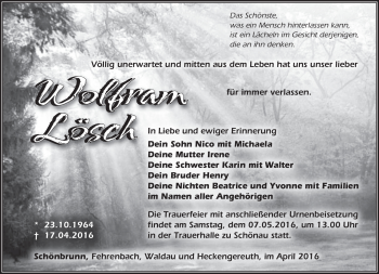Traueranzeige von Wolfram Lösch von Südthüringer Presse