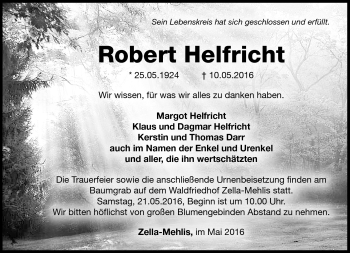 Traueranzeige von Robert Helfricht von Südthüringer Presse