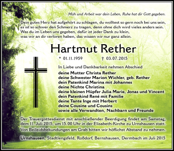 Traueranzeige von Hartmut Rether von Südthüringer Presse