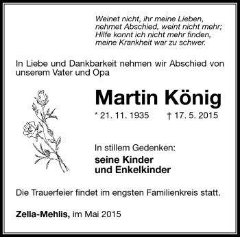 Traueranzeige von Martin König von Südthüringer Presse