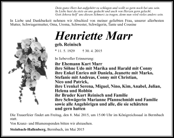 Traueranzeige von Henriette Marr von Südthüringer Presse