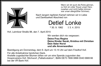 Traueranzeige von Detlef Lonke von Frankenpost