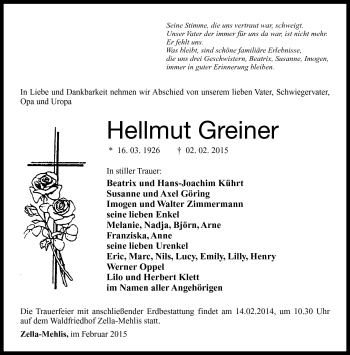 Traueranzeige von hellmut Greiner von Südthüringer Presse