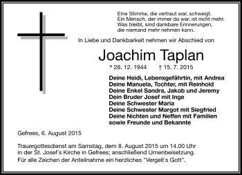 Traueranzeige von Joachim Taplan von Frankenpost