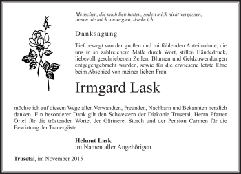 Traueranzeige von Irmgard Lask von Südthüringer Presse