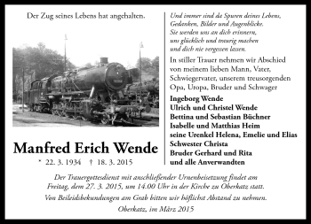 Traueranzeige von Manfred Erich Wende von Südthüringer Presse