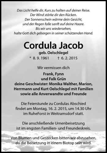 Traueranzeige von Cordula Jacob von Neue Presse Coburg