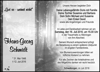 Traueranzeige von Hans-Georg Schmidt von Südthüringer Presse
