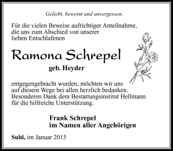 Traueranzeige von Ramona Schrepel von Südthüringer Presse