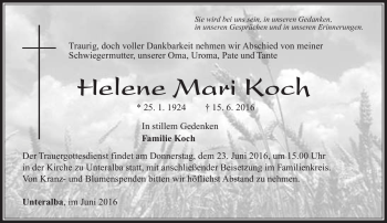 Traueranzeige von Helene Mari Koch von Südthüringer Presse