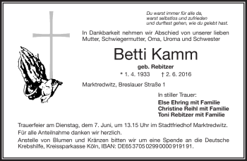 Traueranzeige von Betti Kamm von Frankenpost
