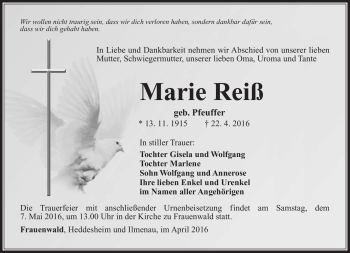 Traueranzeige von Marie Reiß von Südthüringer Presse