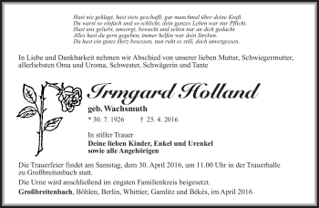 Traueranzeige von Irmgard Holland von Südthüringer Presse