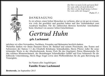 Traueranzeige von Gertrud Huhn von Südthüringer Presse