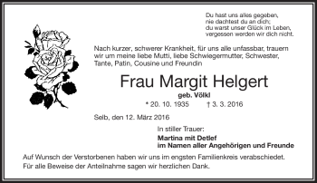 Traueranzeige von Margit Helgert von Frankenpost
