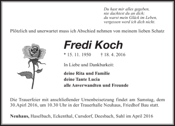 Traueranzeige von Fredi Koch von Südthüringer Presse