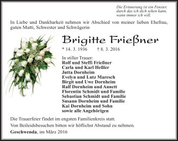 Traueranzeige von Brigitte Frießner von Südthüringer Presse