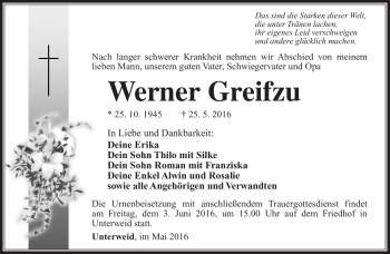 Traueranzeige von Werner Greifzu von Südthüringer Presse