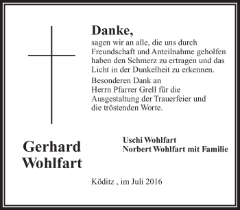 Traueranzeige von Gehard Wohlfart von Frankenpost