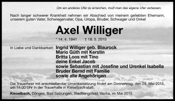 Traueranzeige von Axel Williger von Südthüringer Presse