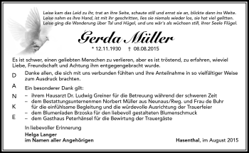 Traueranzeige von Gerda Müller von Südthüringer Presse