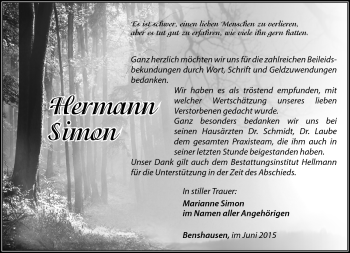 Traueranzeige von Hermann Simon von Südthüringer Presse