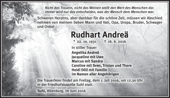 Traueranzeige von Rudhardt Andreä von Südthüringer Presse