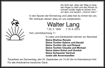 Traueranzeige von Walter Lang von Frankenpost