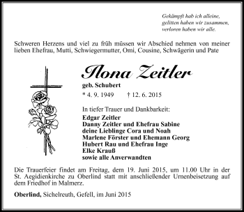 Traueranzeige von Ilona Zeitler von Südthüringer Presse