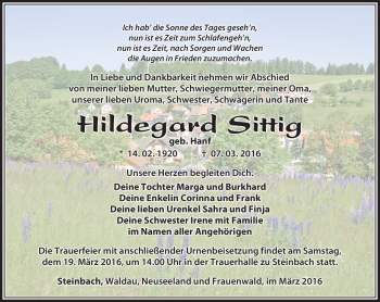Traueranzeige von Hildegard Sittig von Südthüringer Presse