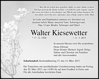 Traueranzeige von Walter Kiesewetter von Neue Presse Coburg